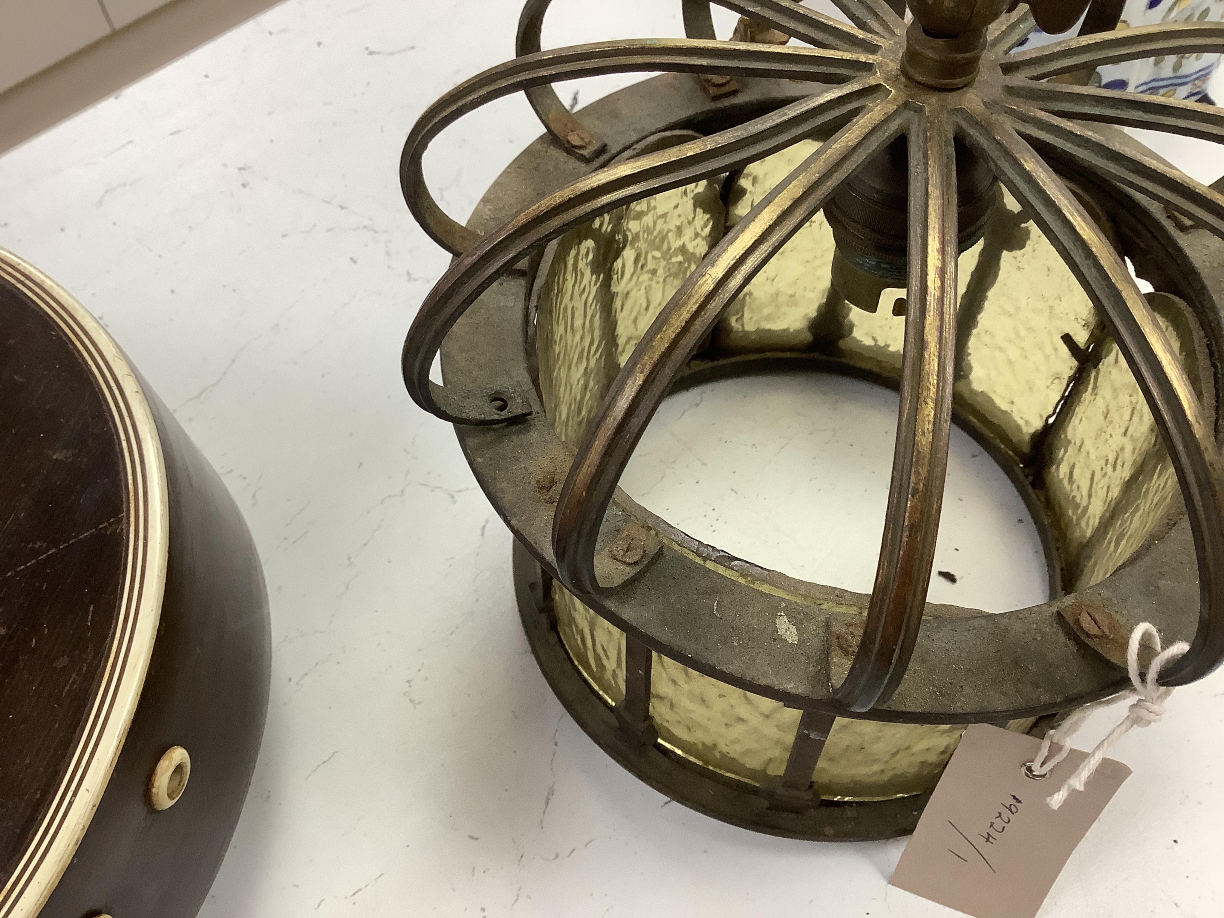 A brass and glass hanging ‘crown’ ceiling pendant, 20cm diameter